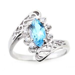 Sterling Silver Ladies Ring with Blue Topaz & CZ Size 7.5